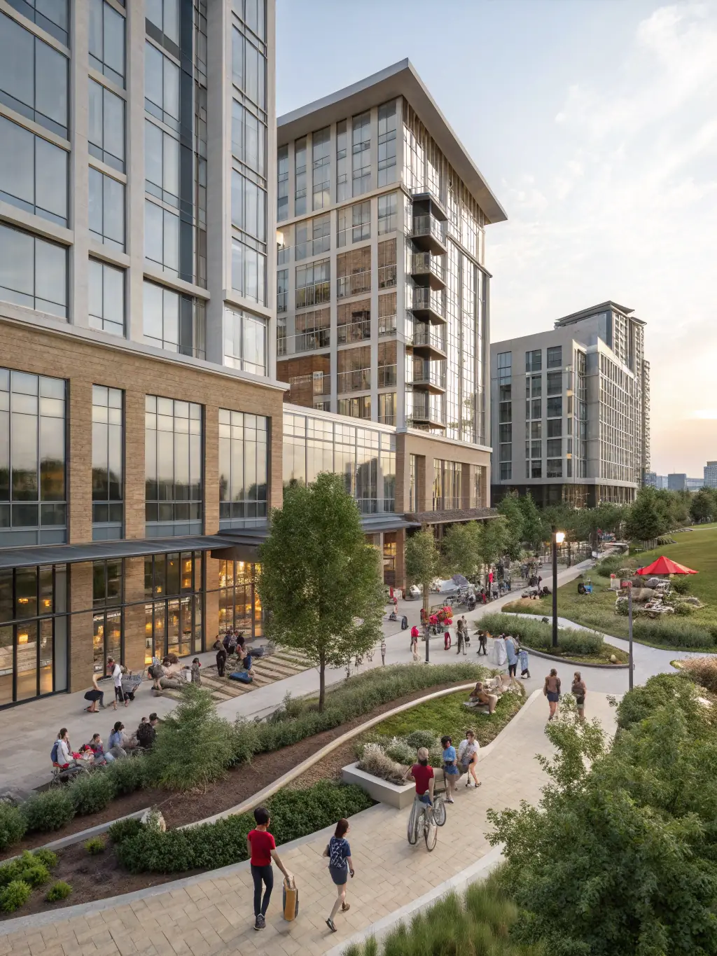 An aerial view of a mixed-use development, highlighting the blend of residential and commercial spaces managed by Arixa Management.