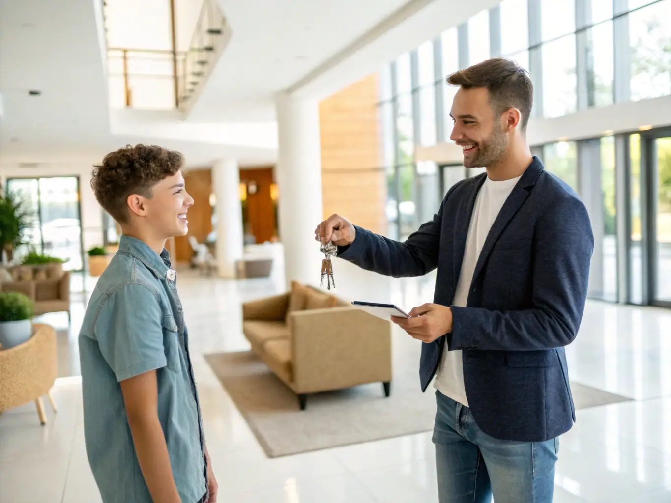 A photo of a leasing agent showing a property to a prospective tenant, emphasizing the tenant screening process.