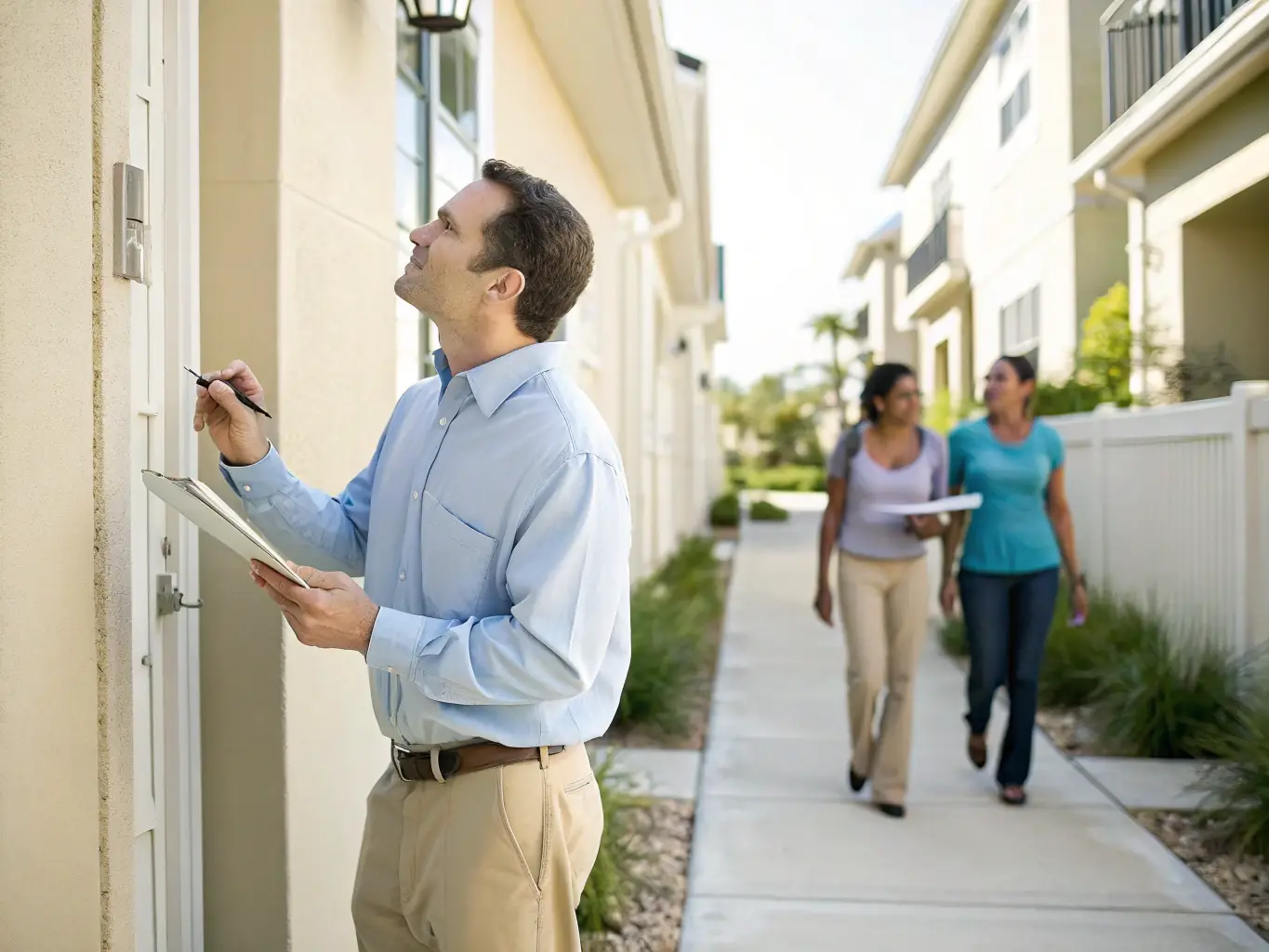 A photo of a property manager conducting a thorough property inspection, noting details on a tablet, with a focus on preventative maintenance.